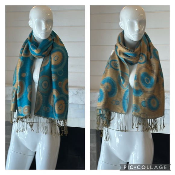 Reversible Turquoise & Brown Circle Print Fringe Pashmina Wrap Scarf or Sarong - Picture 3 of 13
